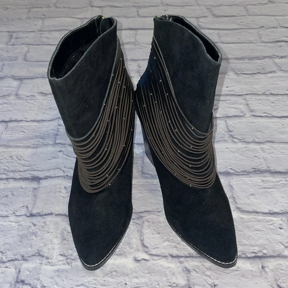 Kelsi Dagger Suede Black Back Zip Block Heel Studded Straps Pointed Toe Size 10M